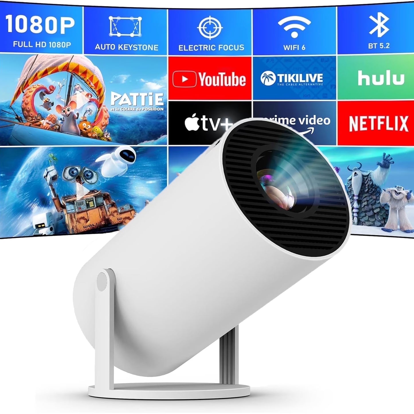 Mini Projector 1080P 4K Support, Portable Home Video Projector Smart Compatible for Laptop, PC, Smartphone