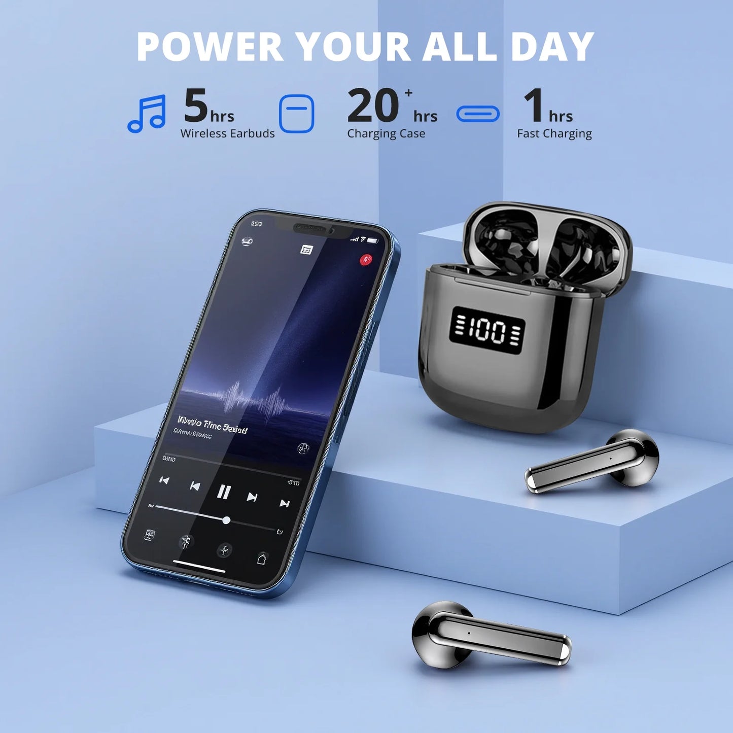 Wireless Bluetooth Earbuds with Type-C Charging Cable, 30H Battery with Charging Case, Fast Charging, Sweat Resistant, Black