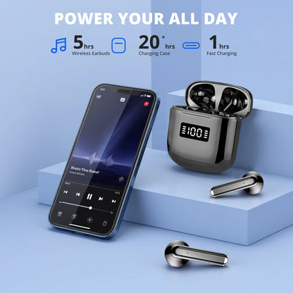 Wireless Bluetooth Earbuds with Type-C Charging Cable, 30H Battery with Charging Case, Fast Charging, Sweat Resistant, Black