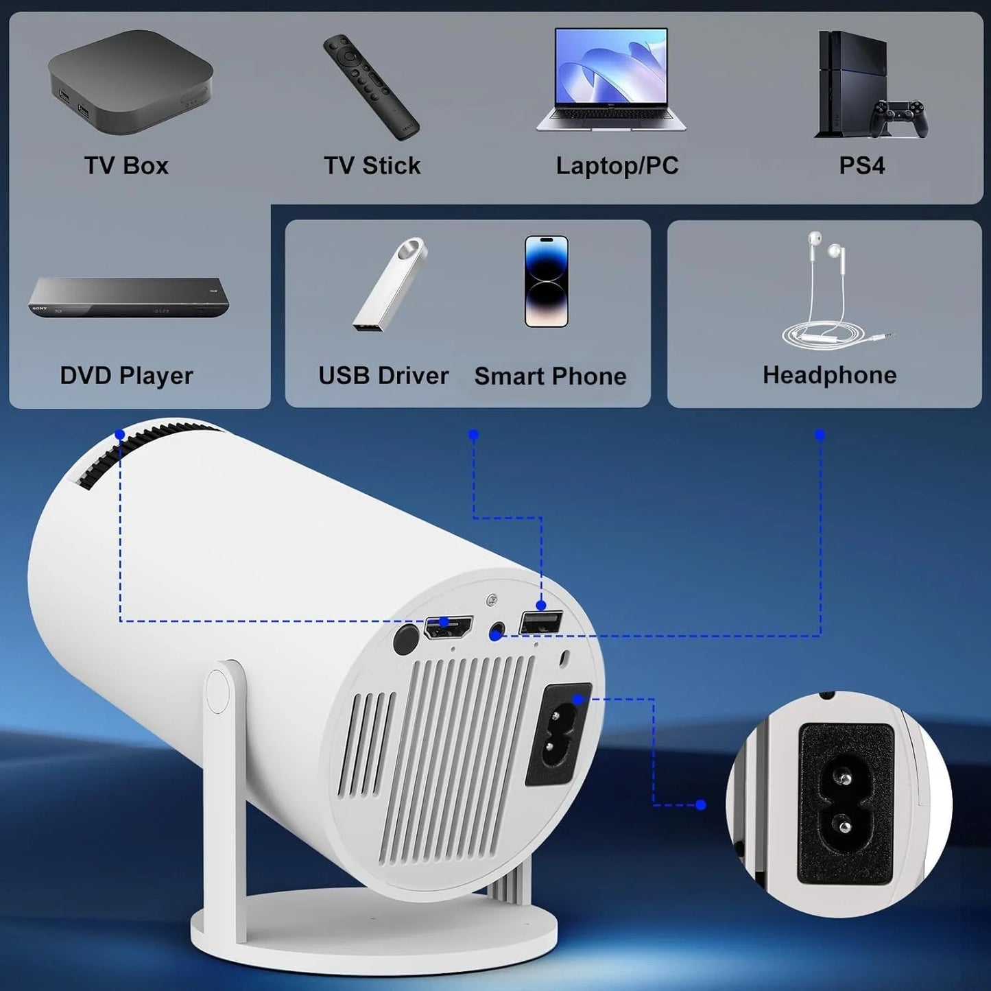 Mini Projector 1080P 4K Support, Portable Home Video Projector Smart Compatible for Laptop, PC, Smartphone